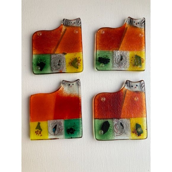4 Art Glass Cat Kitten Decor Coaster Set Patchwork Boho Eclectic Multi Color 3.5 - Picture 8 of 14